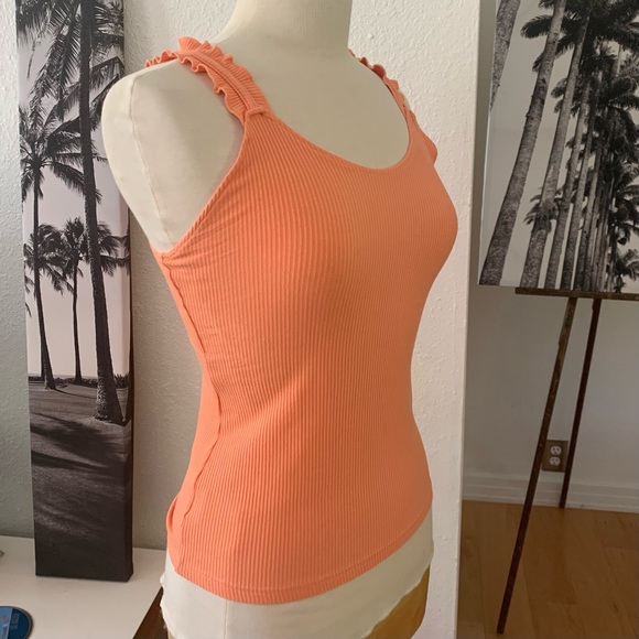 Pink MStyle Peachy orange ribbed tank top with ruffled shoulder straps. - Picture 4 of 12